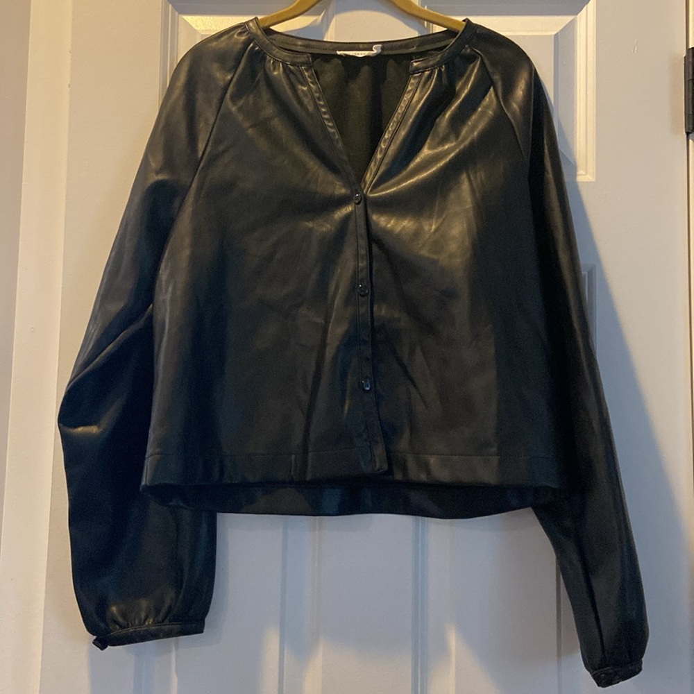 Button front faux leather shirt
